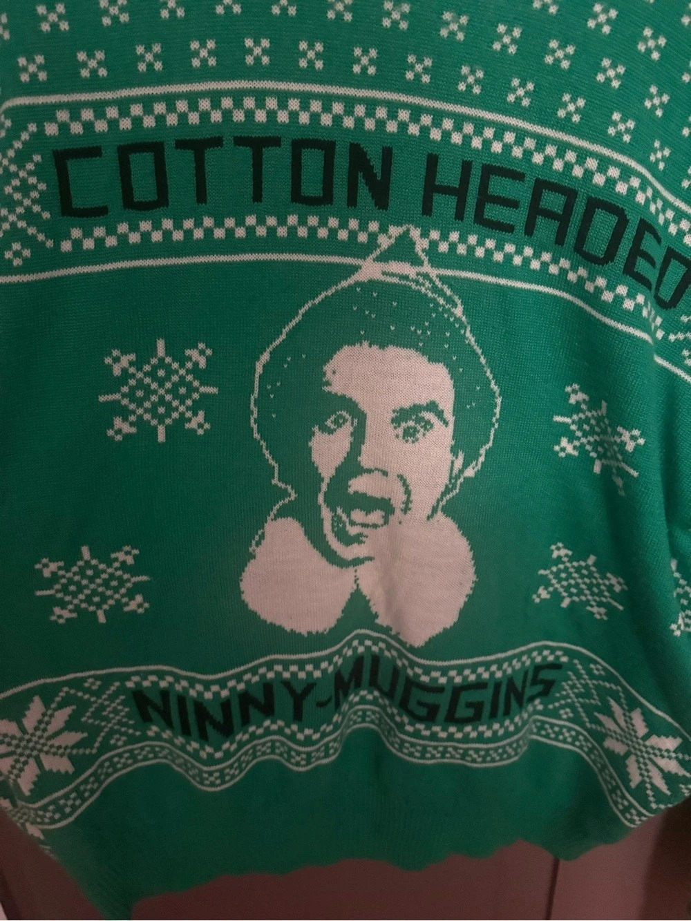 elf Cotton Headed Ninny Muggins Ugly Christmas Sweater Green & White XL